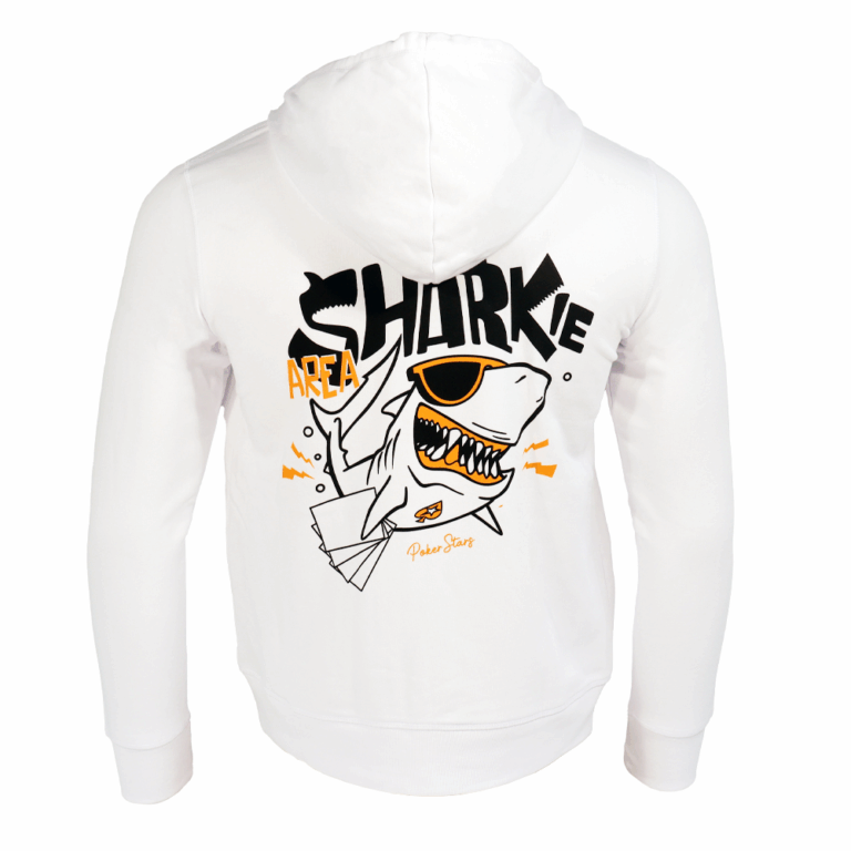 SUDADERA BLANCA CON CAPUCHA Y ESTAMPA “SHARKIE AREA” DE POKERSTARS