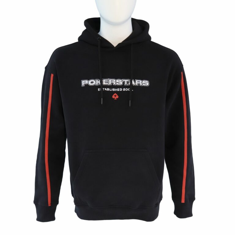 SUDADERA NEGRA EXTRA HOLGADA CON CAPUCHA, DETALLES BORDADOS DE LOS ORÍGENES DE POKERSTARS Y RIBETES EN LAS MANGAS